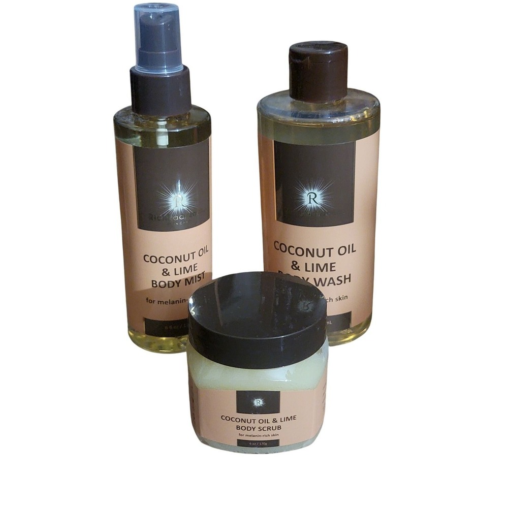 Rich Radiance Coco Oil, Lime Skincare Set Body Wash Scrub Mist 3pc Melanin Skin - Picture 3 of 5
